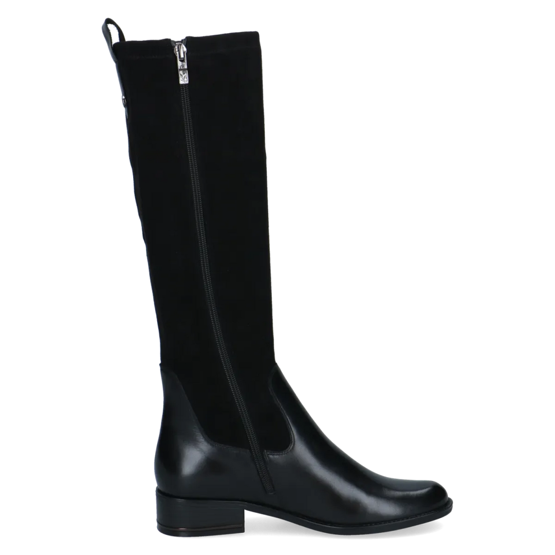 Caprice 9-25514-41 hoge zwarte dameslaars van leer met stretchschacht, ritssluiting, lage blokhak en wijdtemaat G voor dames.