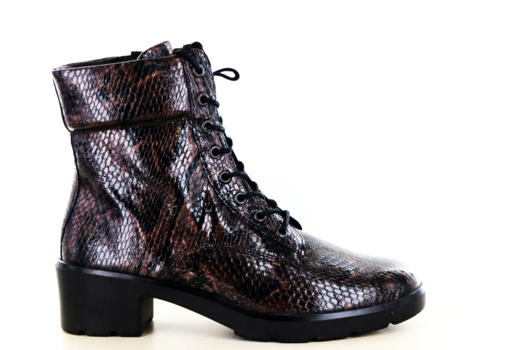 Solidus 40027 Kacey bruine leren dames veterboot met slangenprint, vetersluiting en blokhak