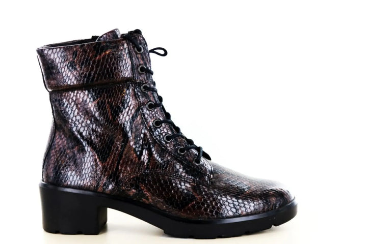 Solidus 40027 Kacey bruine leren dames veterboot met slangenprint, vetersluiting en blokhak