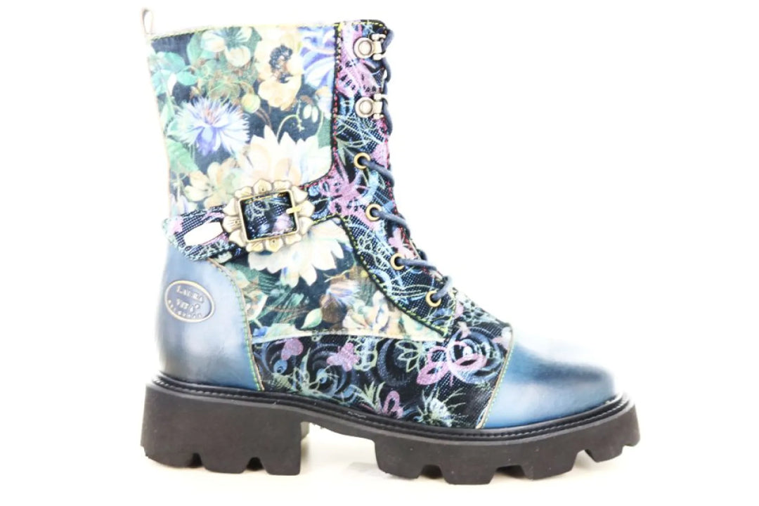 Laura Vita Kouleo 15 Blue leren veterboot voor dames met blauwe details, kleurrijk bloemendessin, gesp, zwarte profielzool, rits en veters.