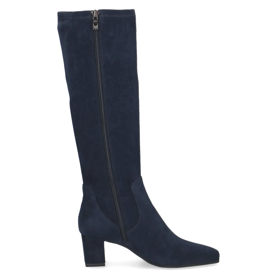 Caprice 9/25547-41 dames lange laars in blauw stretchmateriaal met ritssluiting, blokhak van 5,5 cm en meerekkende schacht voor de kuit.