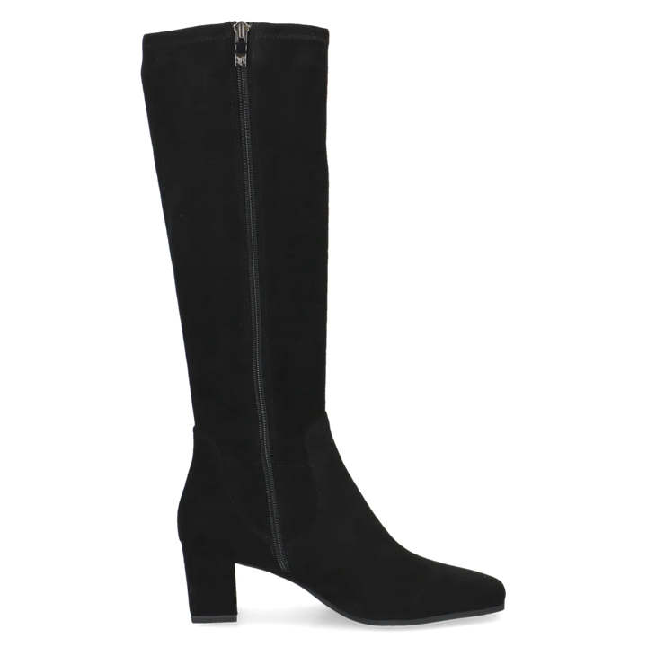 Caprice 9/25547-41 dames lange laars in zwart stretchmateriaal met ritssluiting, blokhak van 5,5 cm en meerekkende schacht voor de kuit.